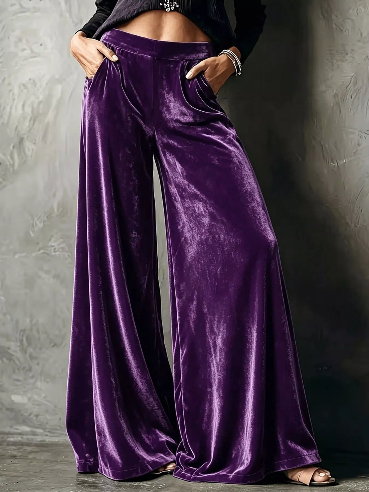 Purple wide-leg velvet pants, front view