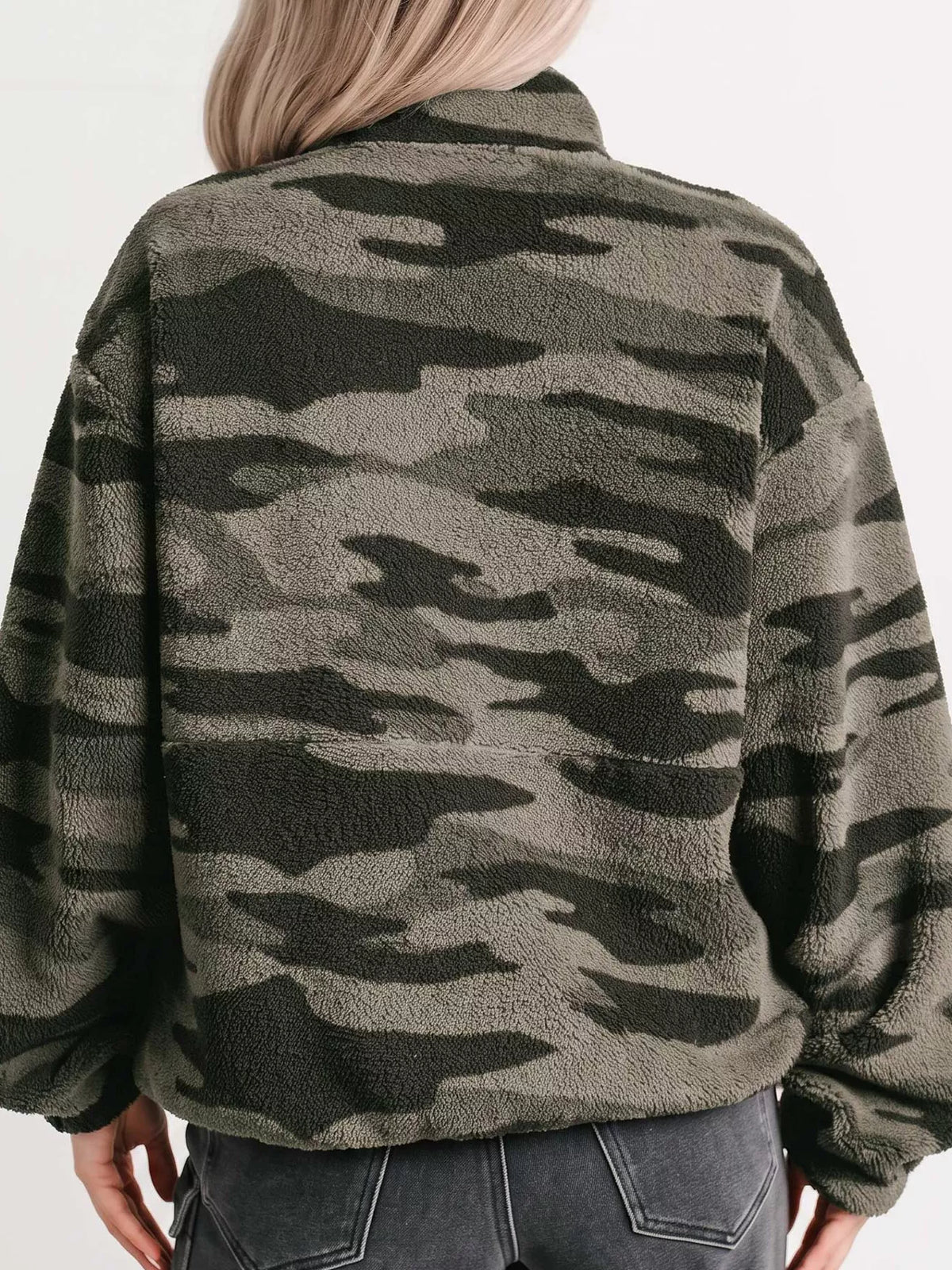 Camouflage Fleece Half Zip-Up Pocket Sweatshirt in army green, back view