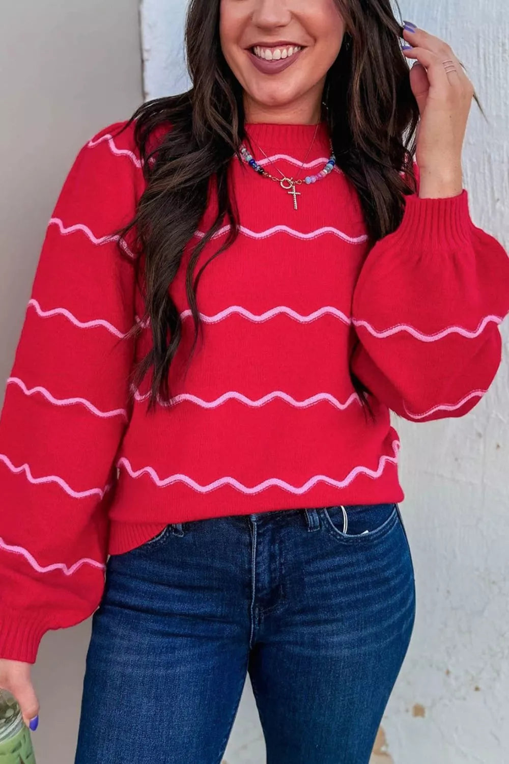 Trendsi Striped Round Neck Long Sleeve Shift Pullover Sweater -