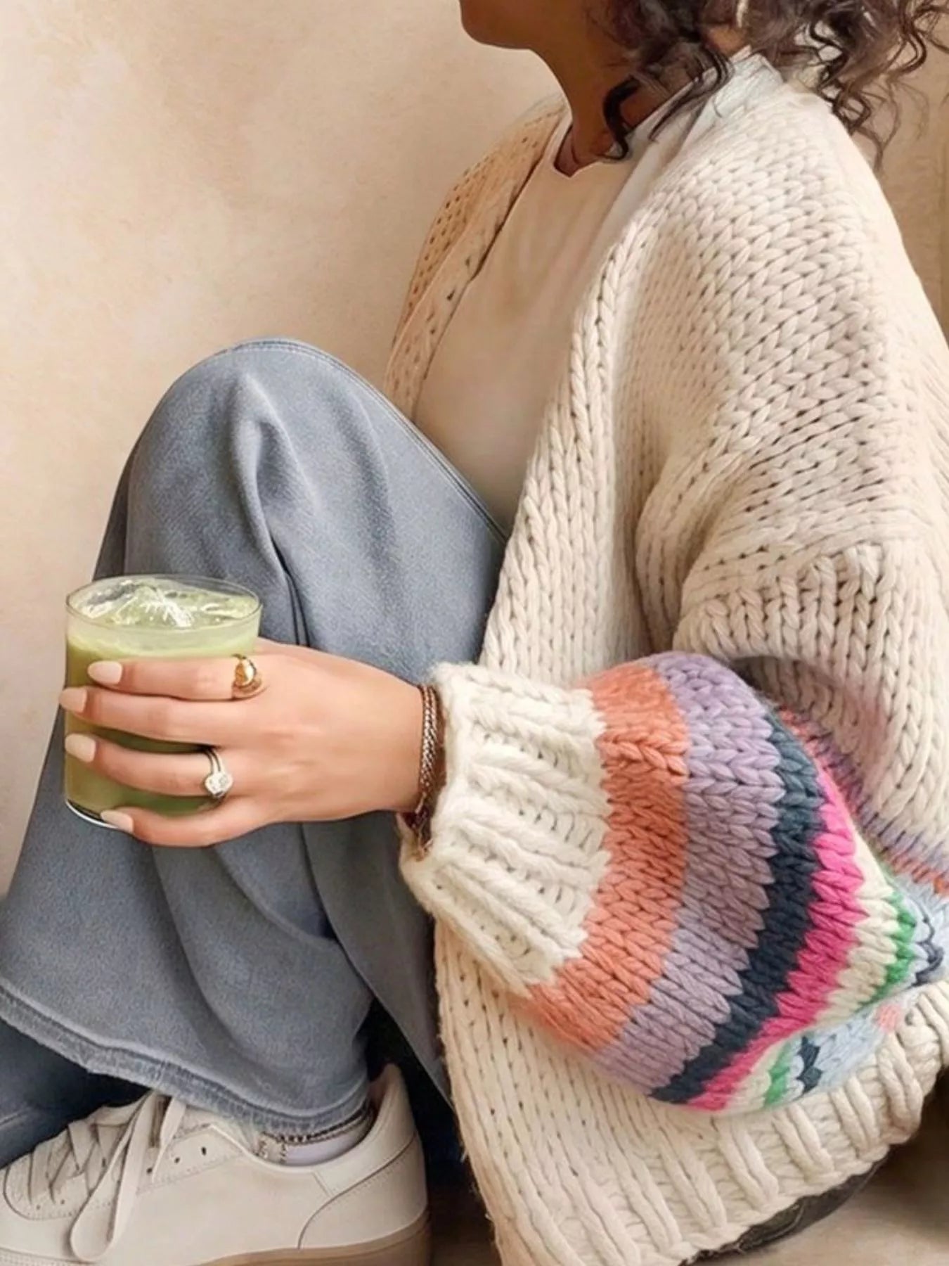 Trendsi Chunky Knit Rainbow Sleeve Cardigan - Shirts