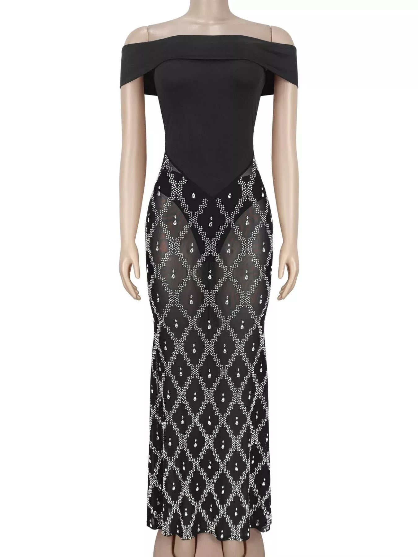 Trendsi Off-Shoulder Sheer Rhinestone Embellished Maxi Dress -