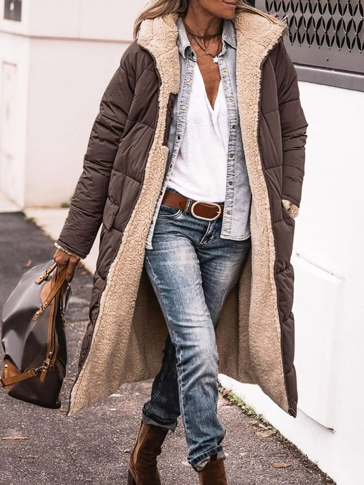 Brown longline sherpa-lined hooded puffer coat