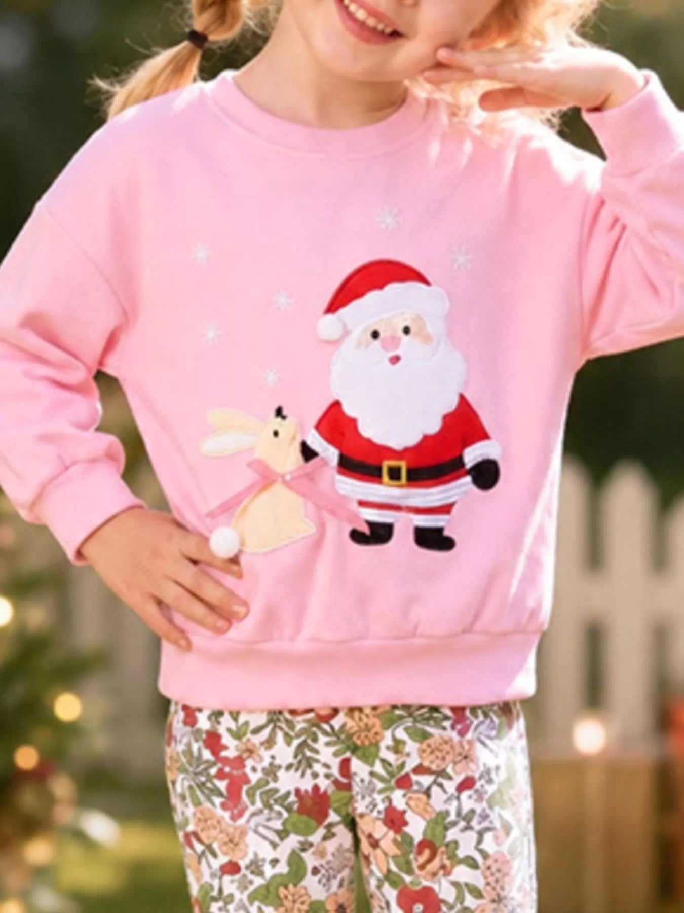 Trendsi Children's Christmas Santa Graphic Sweatshirt and Floral Flare Pants Set -