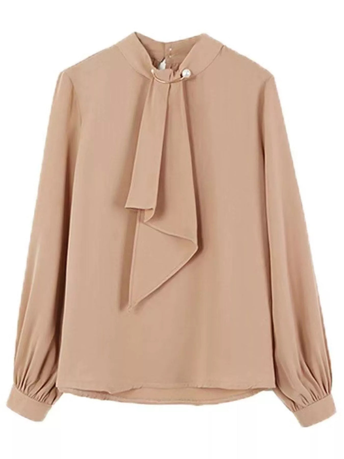 Mock Neck Blouse with Pearl Accent and Lantern Sleeves in beige