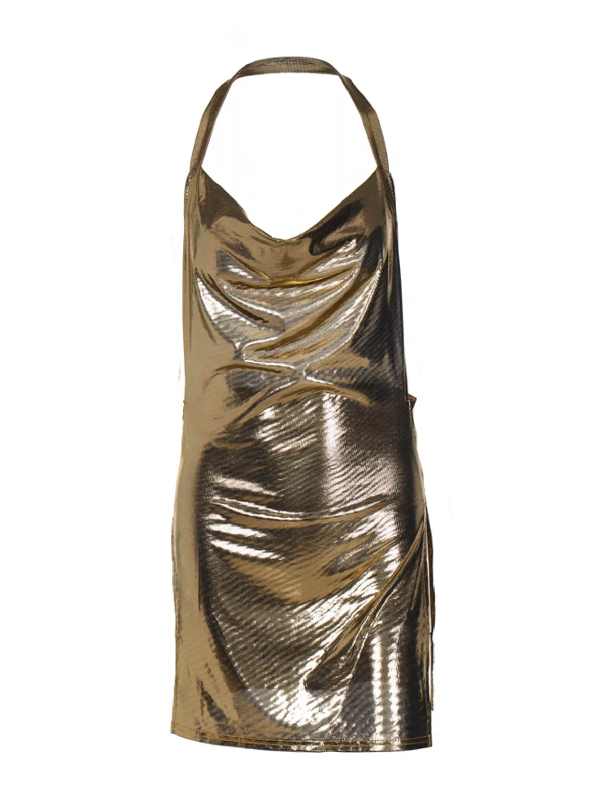 Gold halter neck slit mini dress, front view