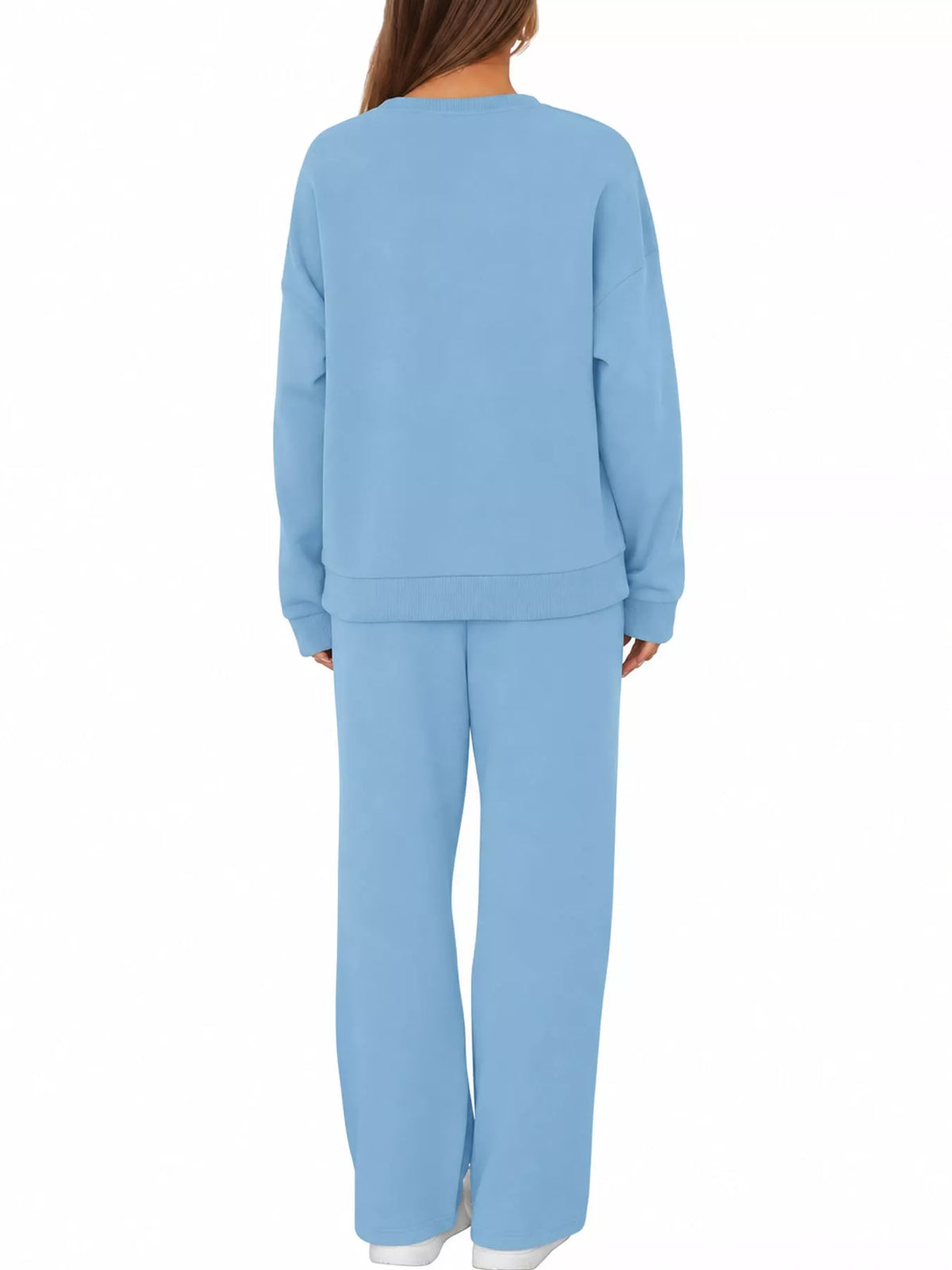 Crewneck Drop Shoulder Sweatshirt and Wide-Leg Pants Set — back view