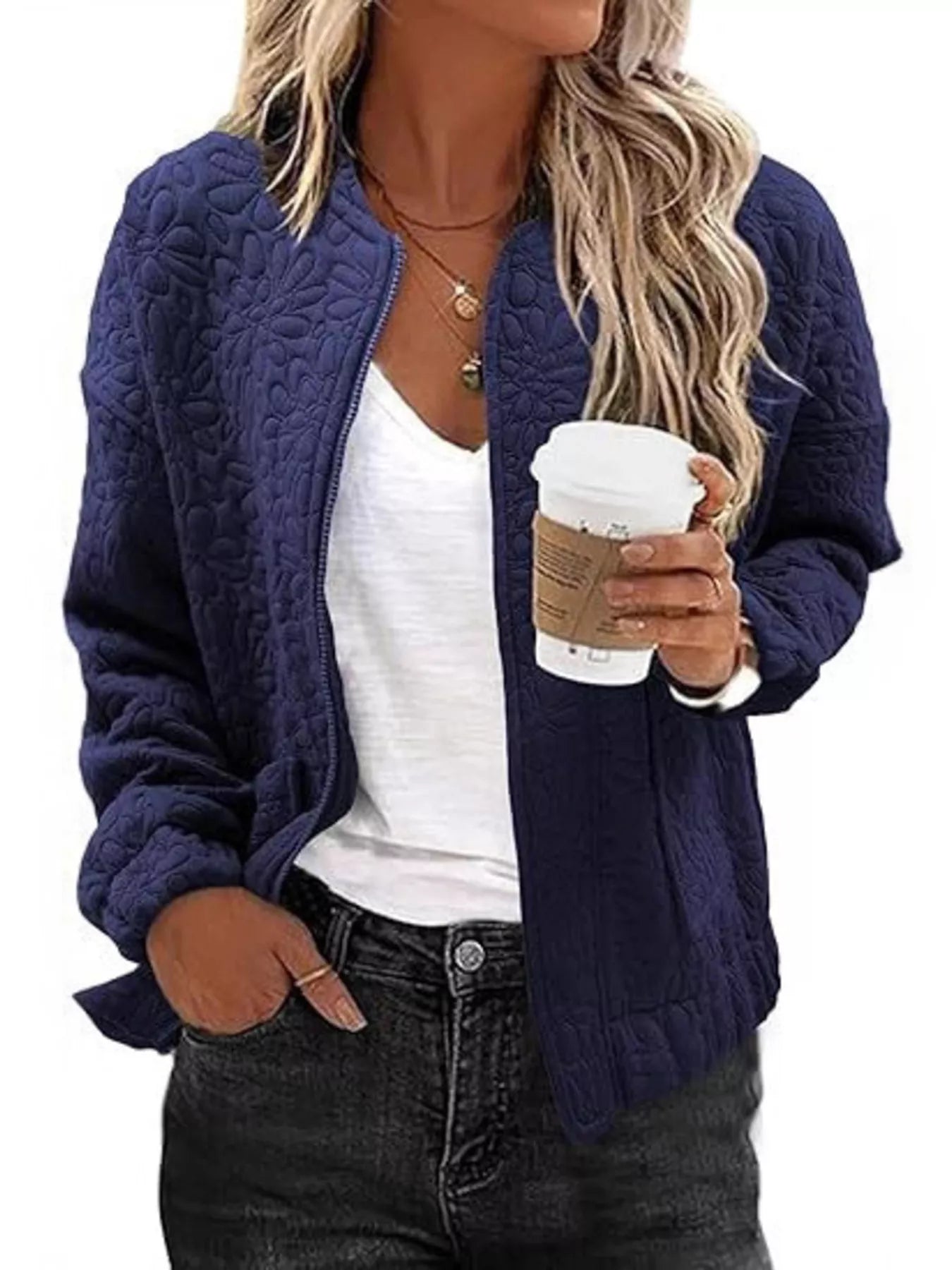 Trendsi Floral Quilted Zip Up Jacket -