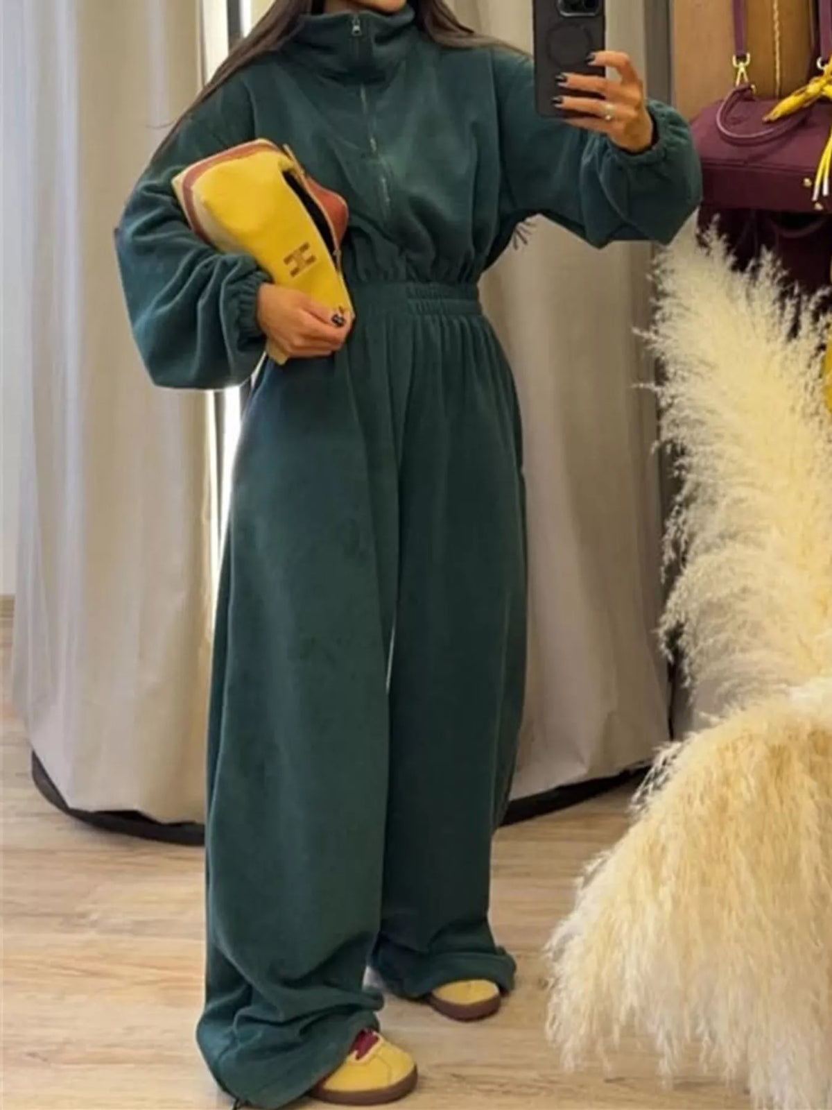 Zip Front Long Sleeve Jumpsuit — front view