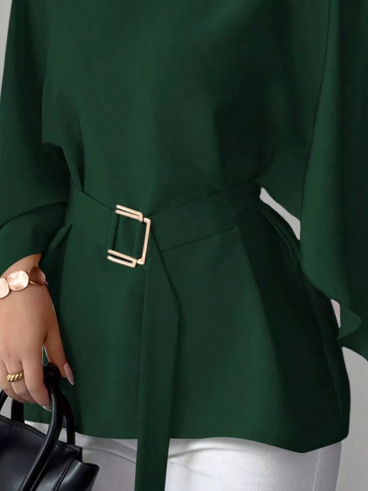 Round-neck belt batwing-sleeve blouse