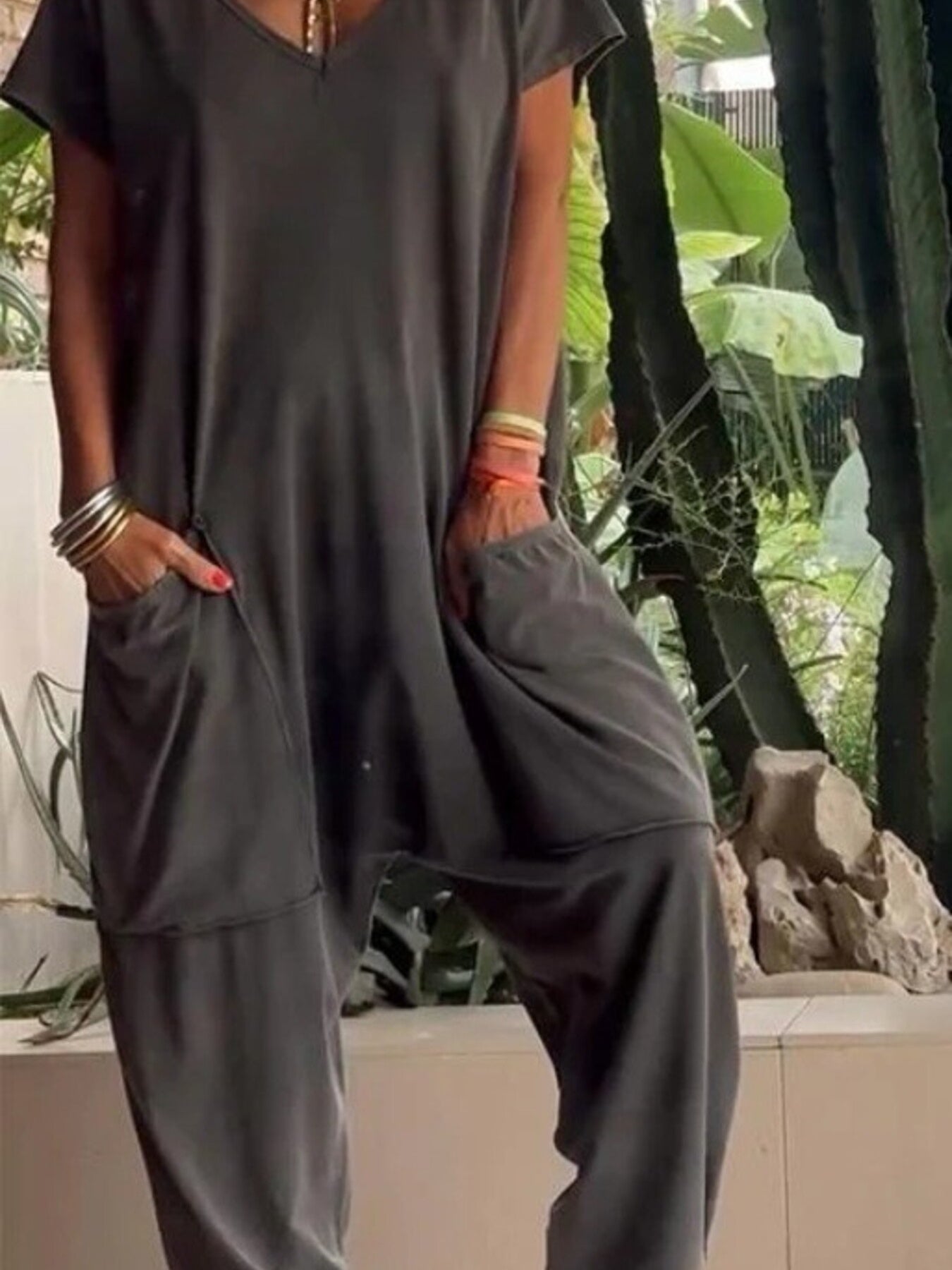 Trendsi Full Size Loose Fit V-Neck Short Sleeve Wide Leg Jumpsuit Plus Size -