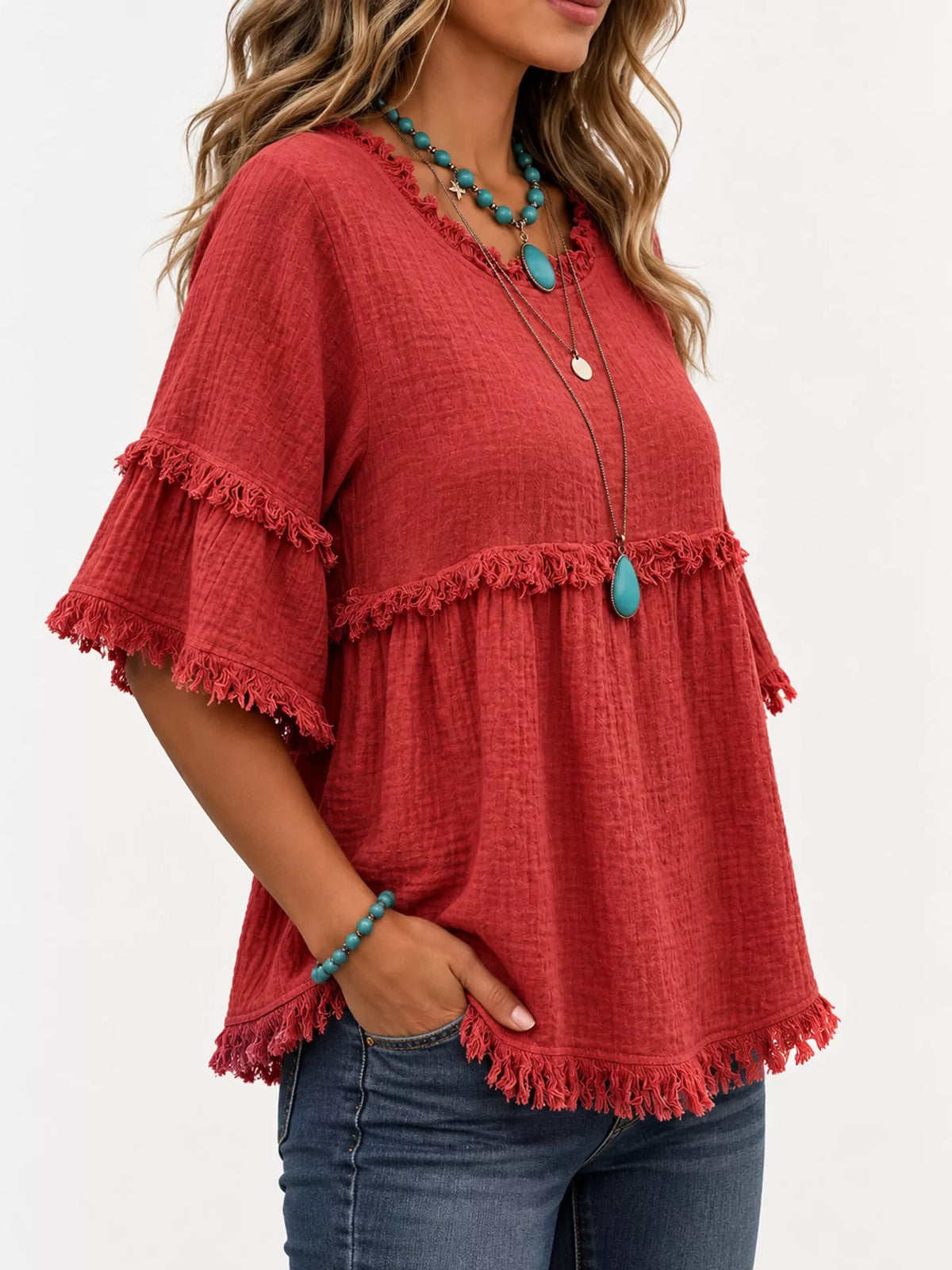 Red frayed edge textured blouse, side view