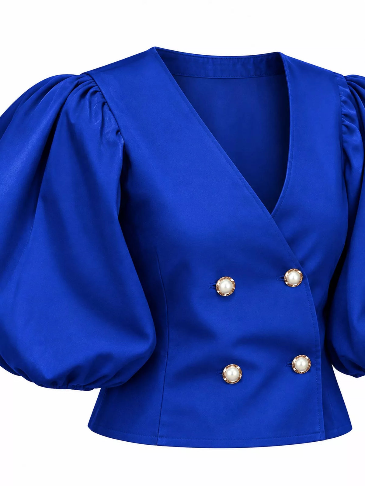 Royal blue double-breasted puff sleeve blouse, front detail