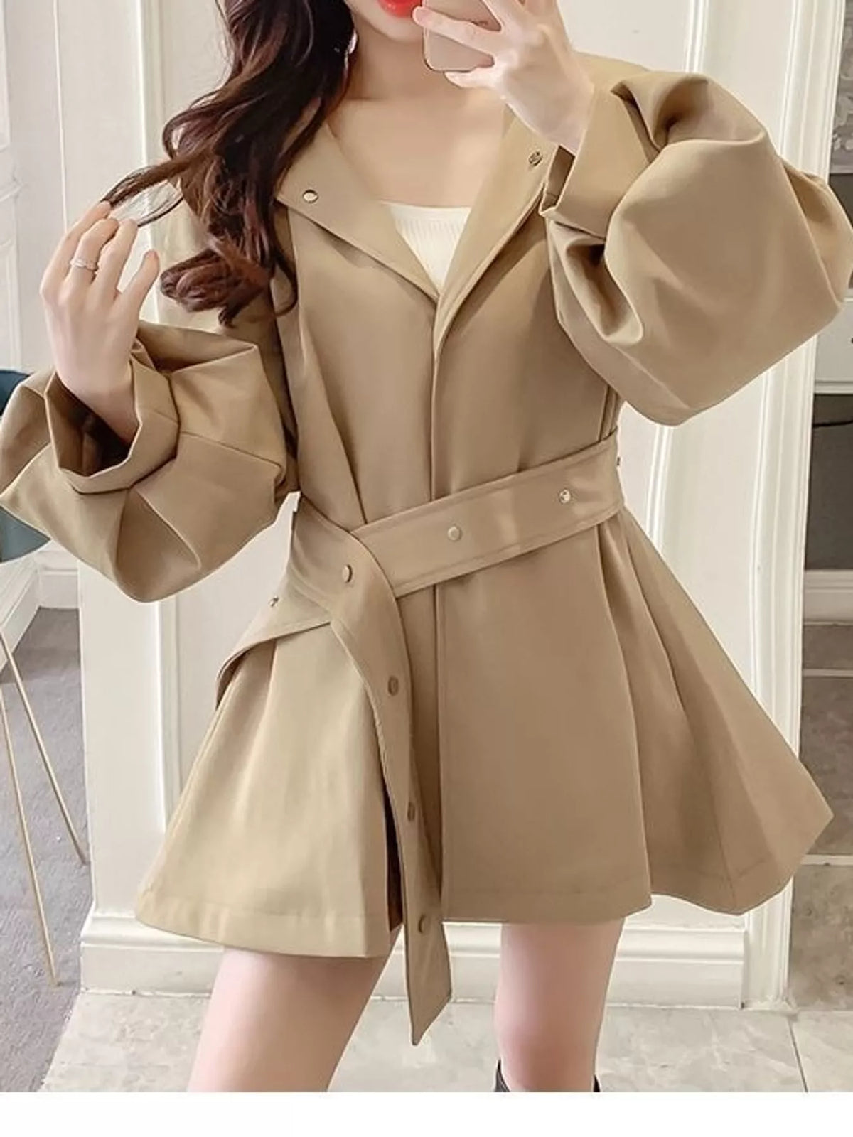 Khaki lantern sleeve hooded belted jacket