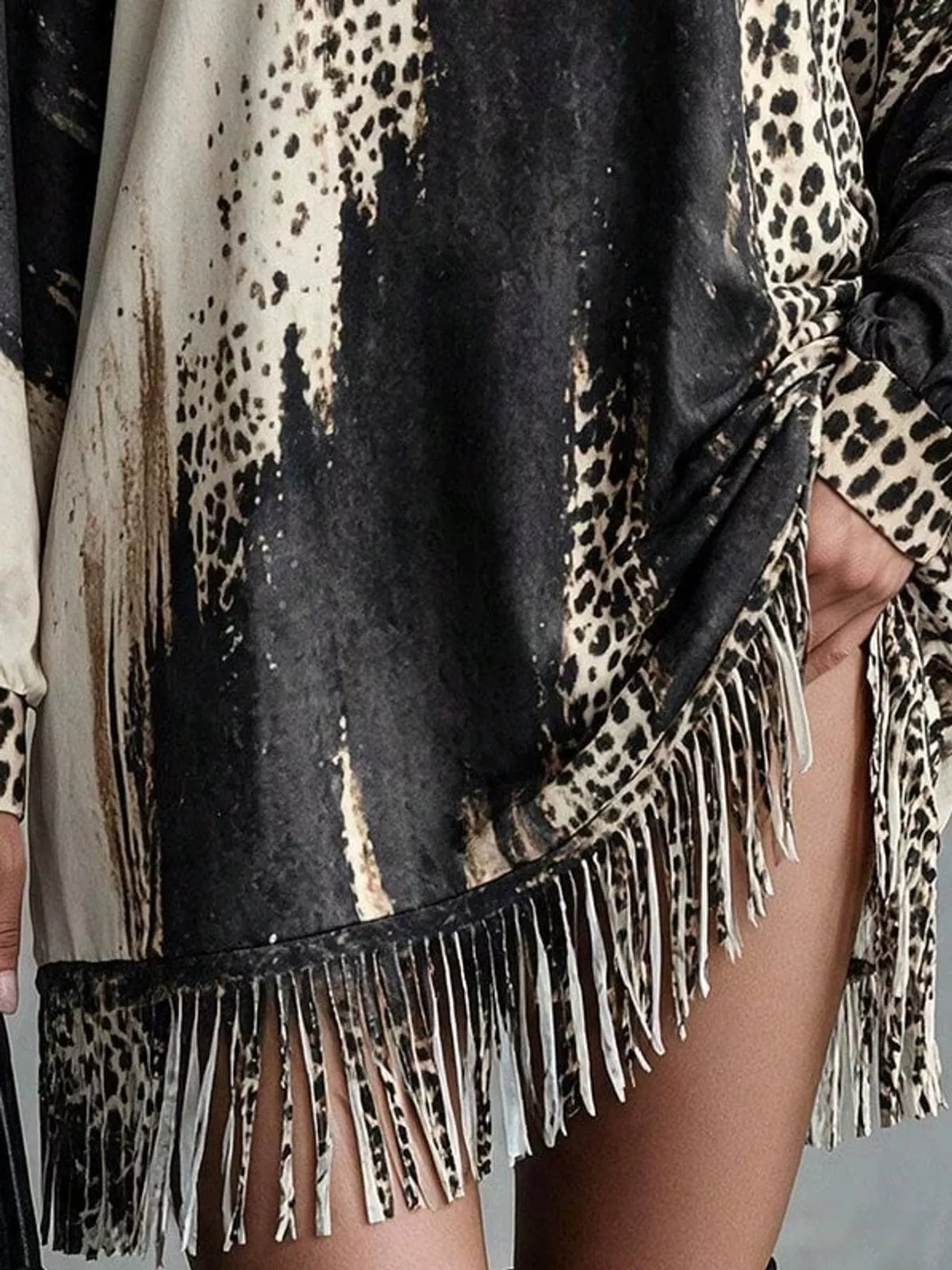 Leopard fringe dress, gray fringe hem detail