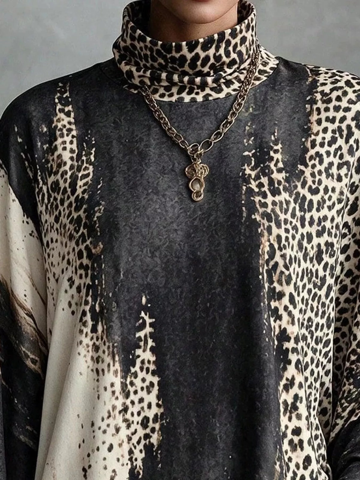 Leopard fringe dress, gray neckline detail