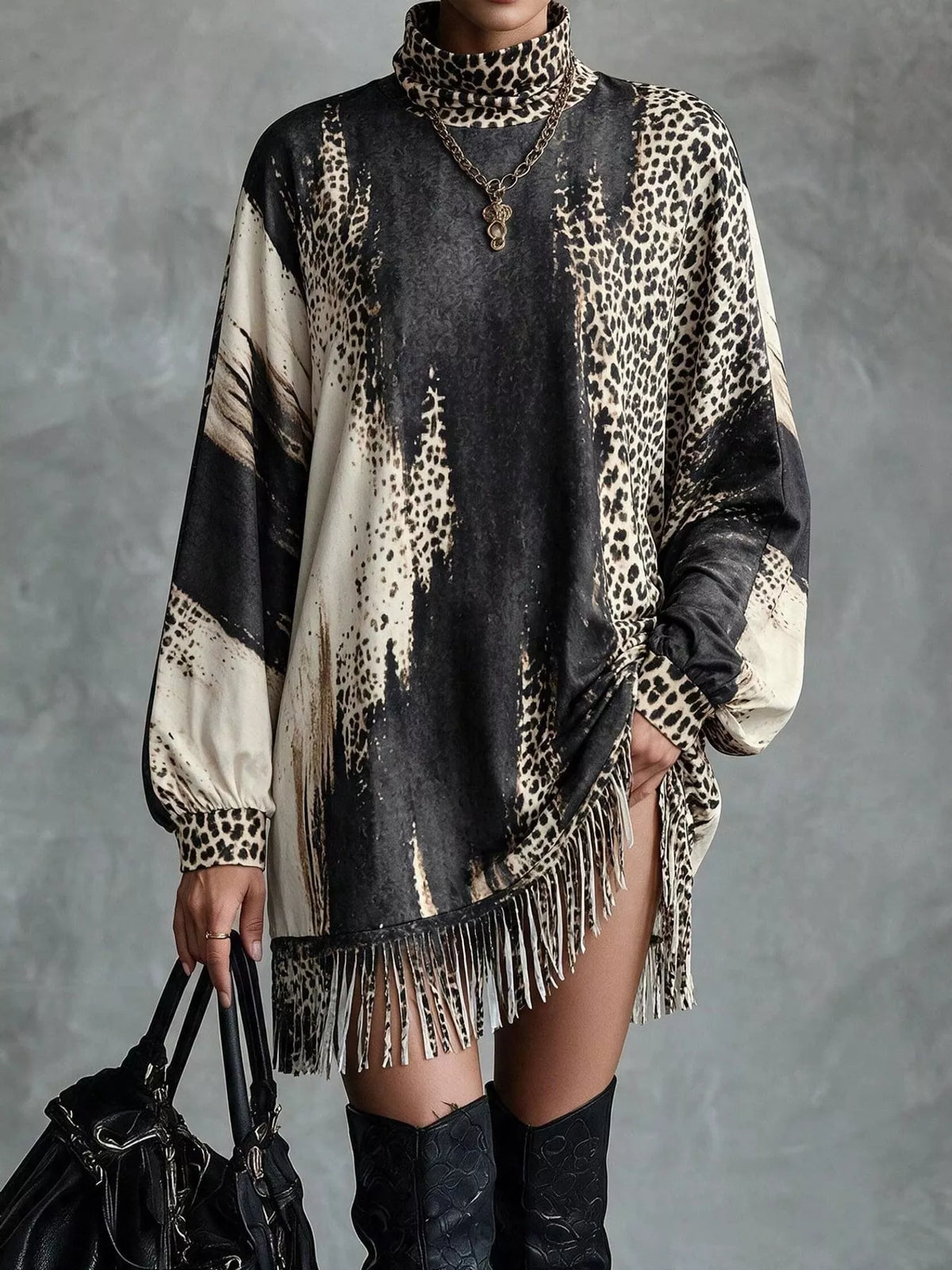 Leopard fringe dress, gray front
