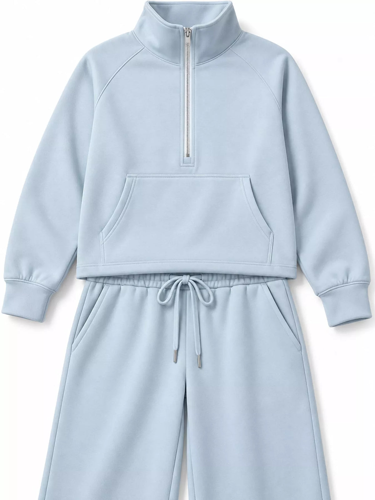Half-zip top and pants set, light blue zip neckline