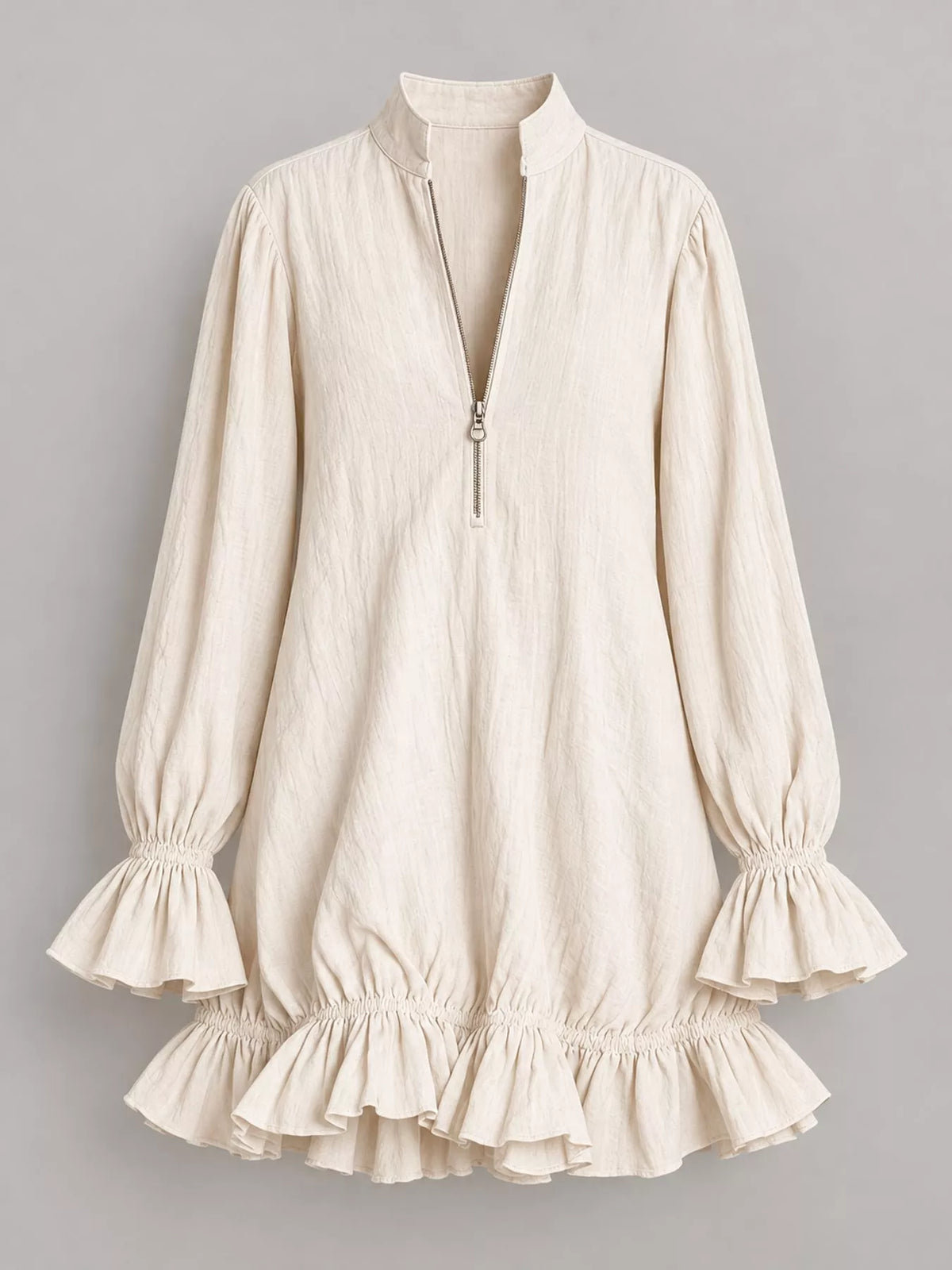 Ruffled-hem mini dress, cream flat front
