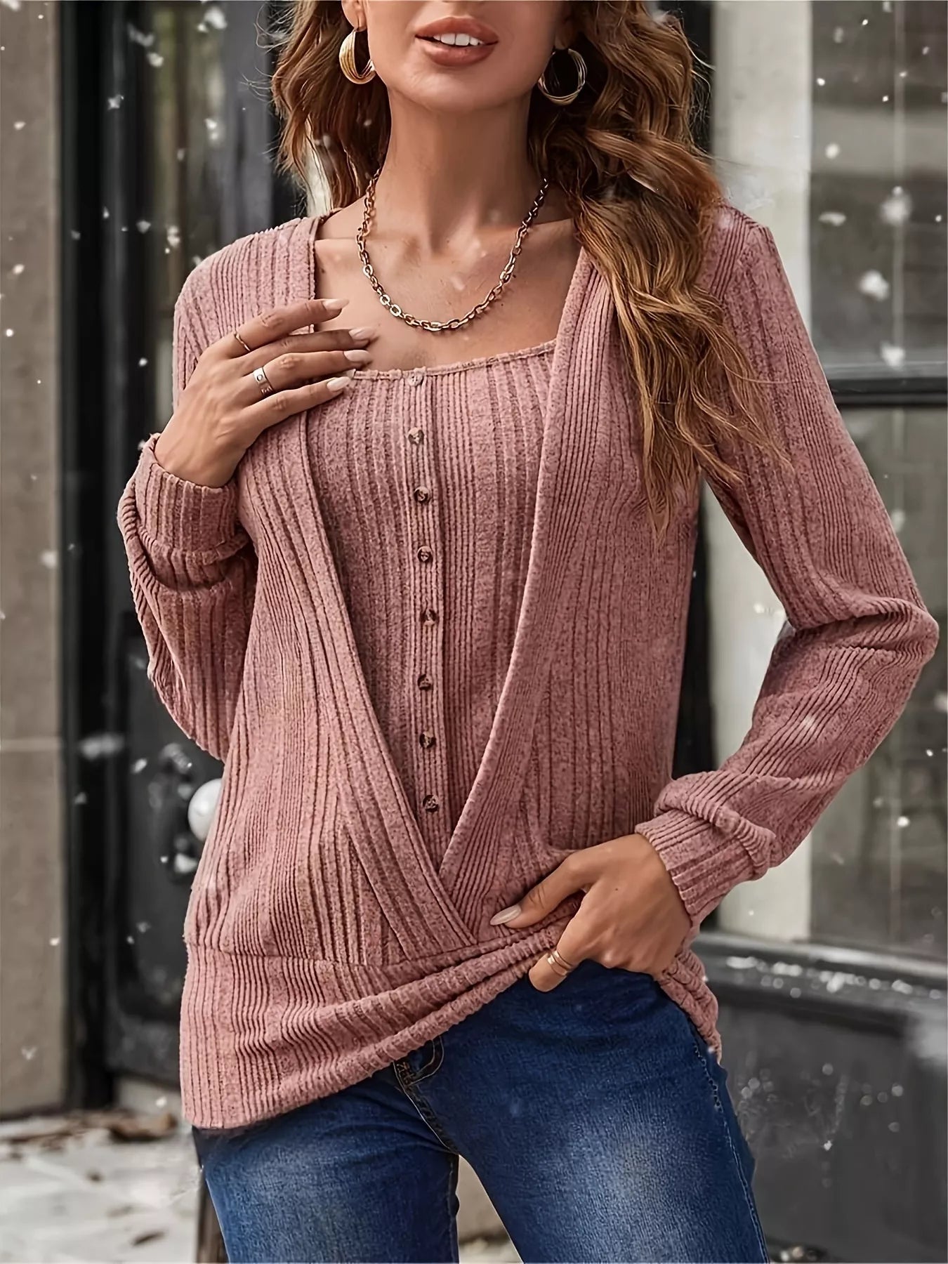 Trendsi Ribbed Knit Faux Layered T-Shirt -
