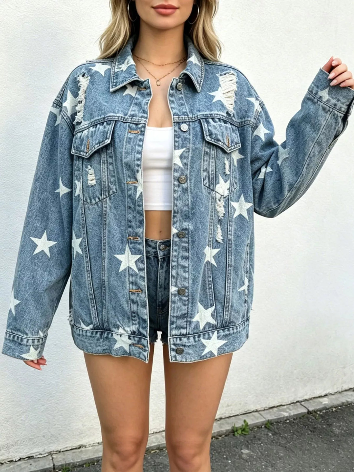 Star print distressed oversized denim jacket