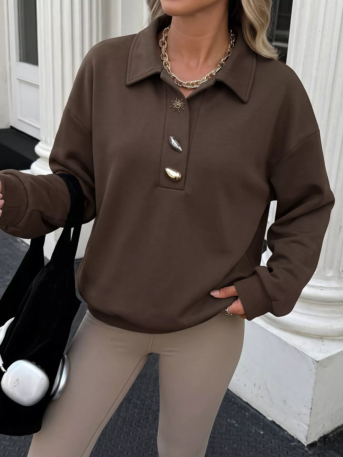 Trendsi Polo Collar Dropped Shoulder Sweatshirt -