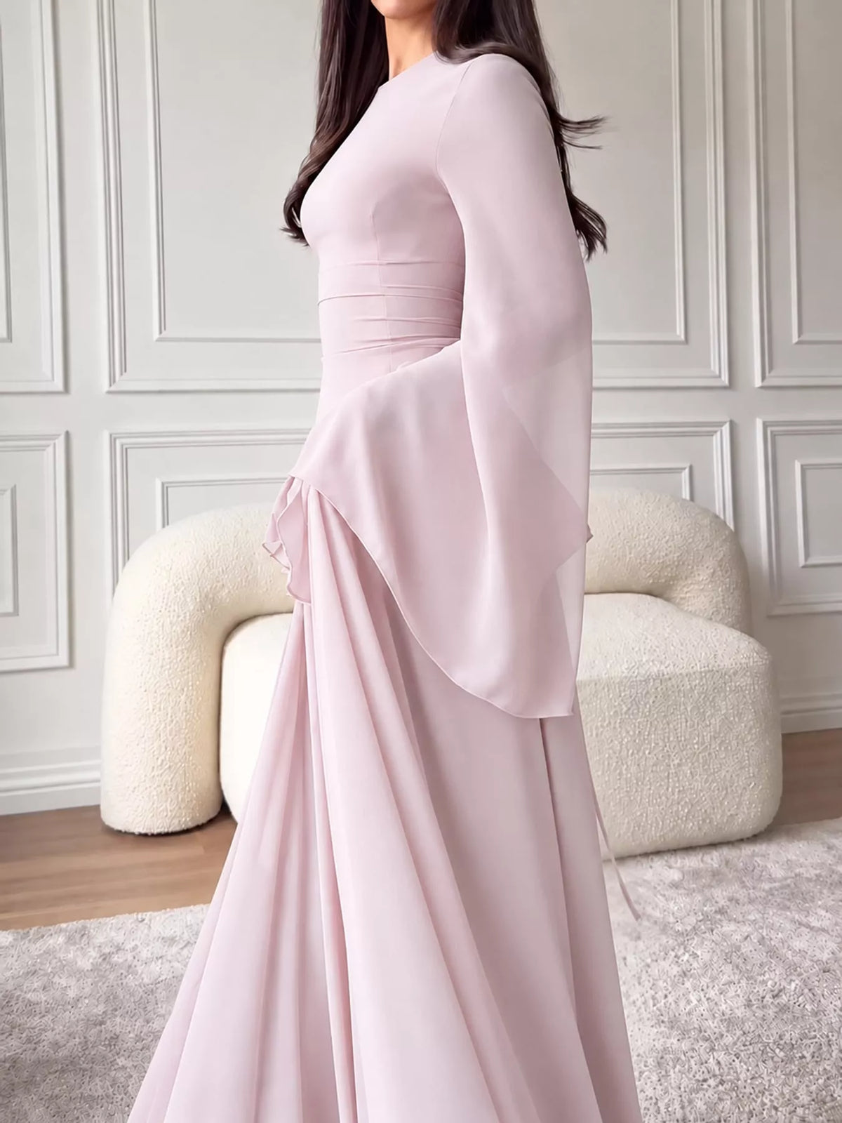 Pink ruffled flare sleeve maxi dress, side view