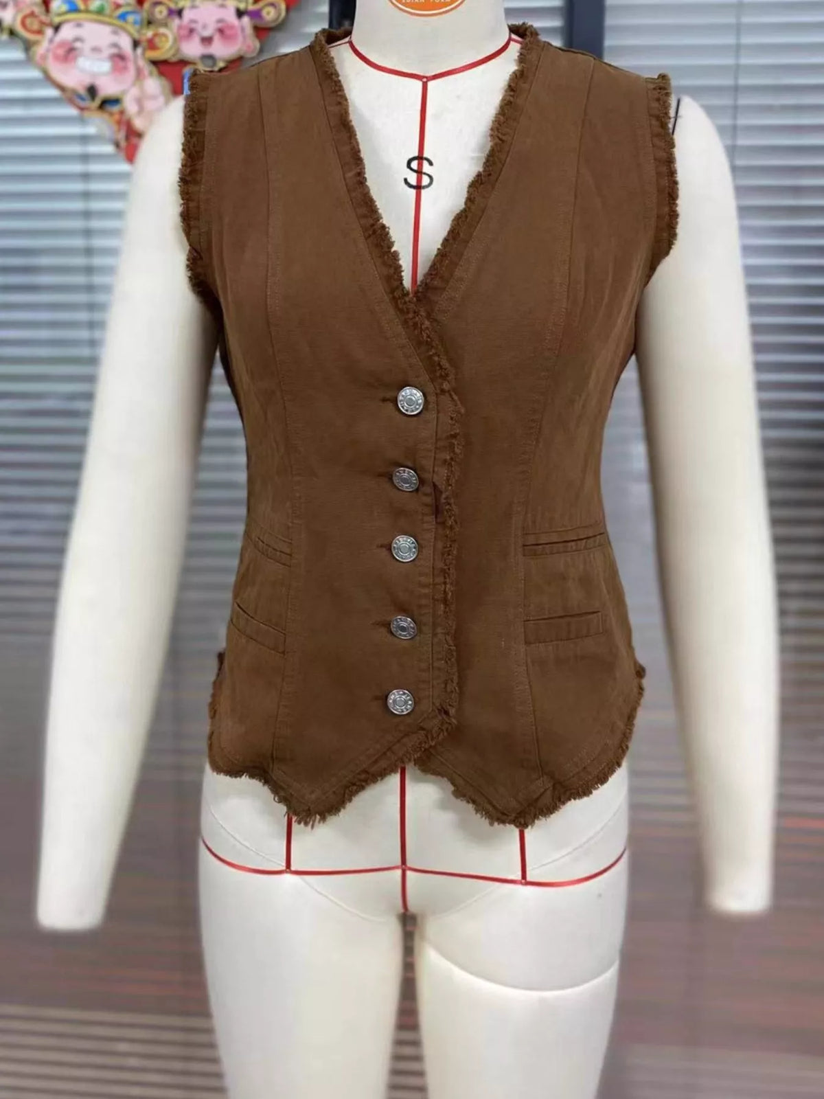 Brown raw hem button up vest
