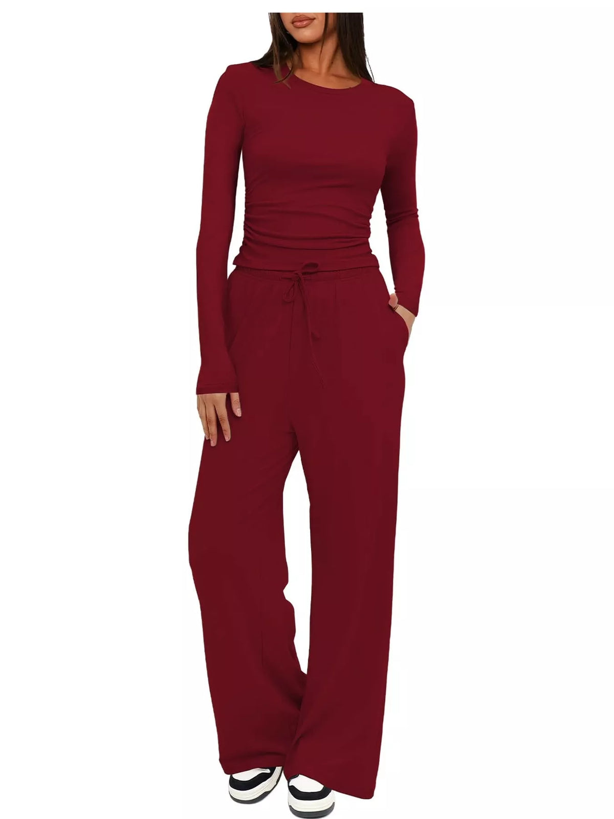 Long Sleeve Top and Wide-Leg Drawstring Pants Set — front view