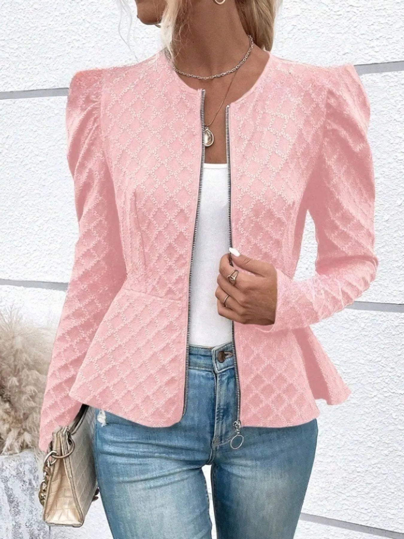 Trendsi Puff Sleeve Textured Jacquard Jacket -