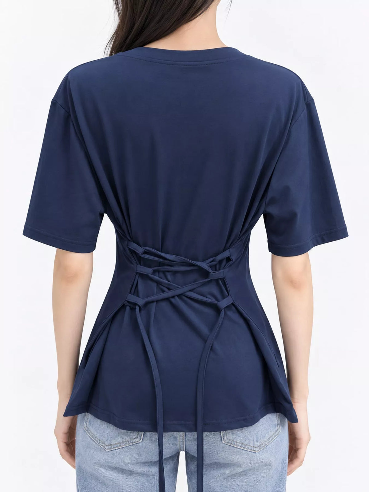Navy tie back round neck short sleeve t shirt, back view