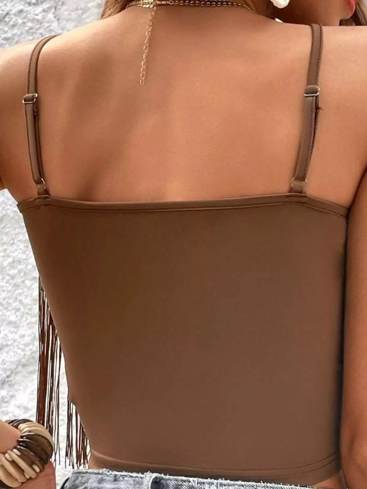 Brown fringe-trim spaghetti strap cami, back view