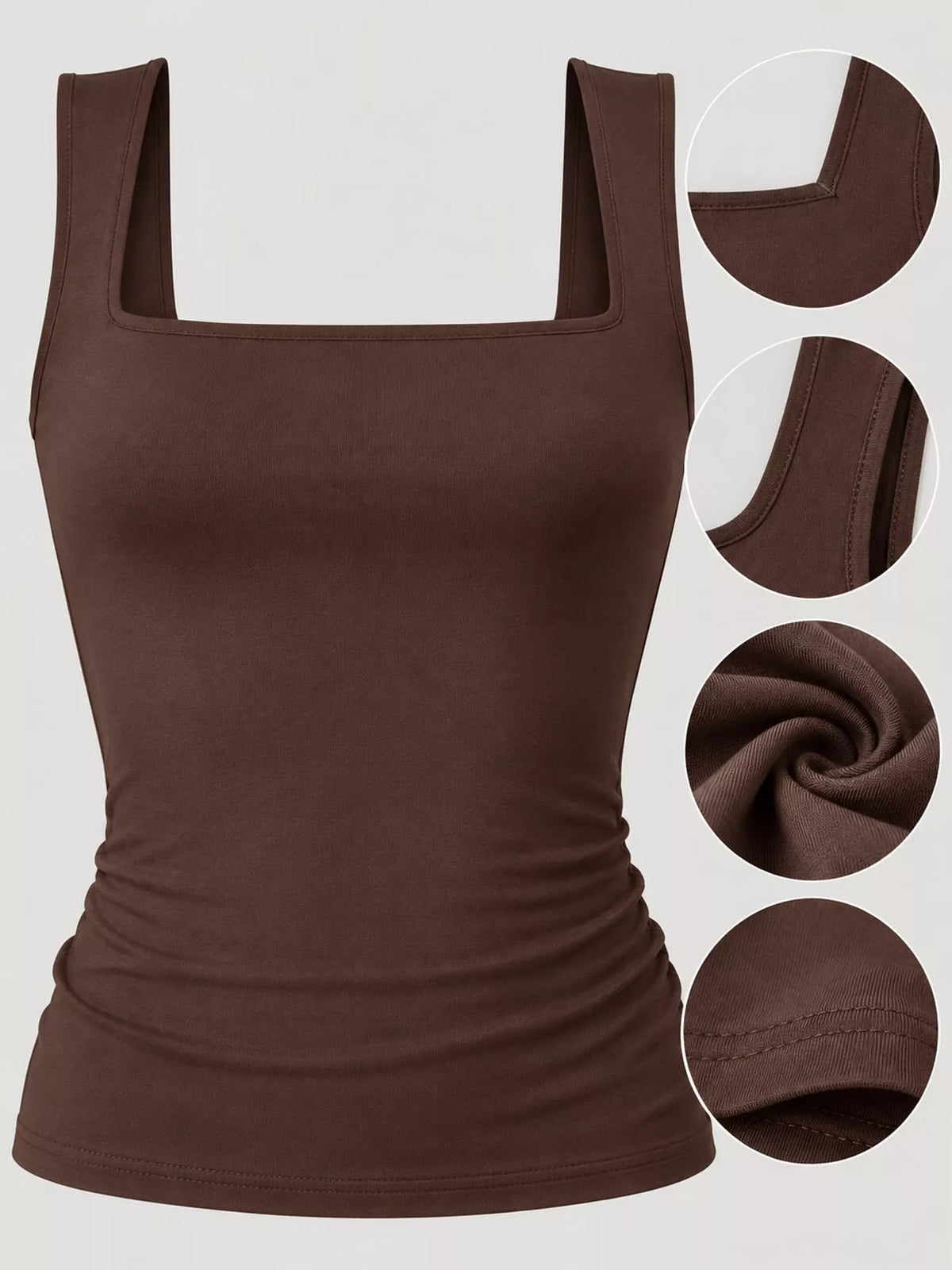 Dark brown square-neck tank, fabric and neckline detail collage
