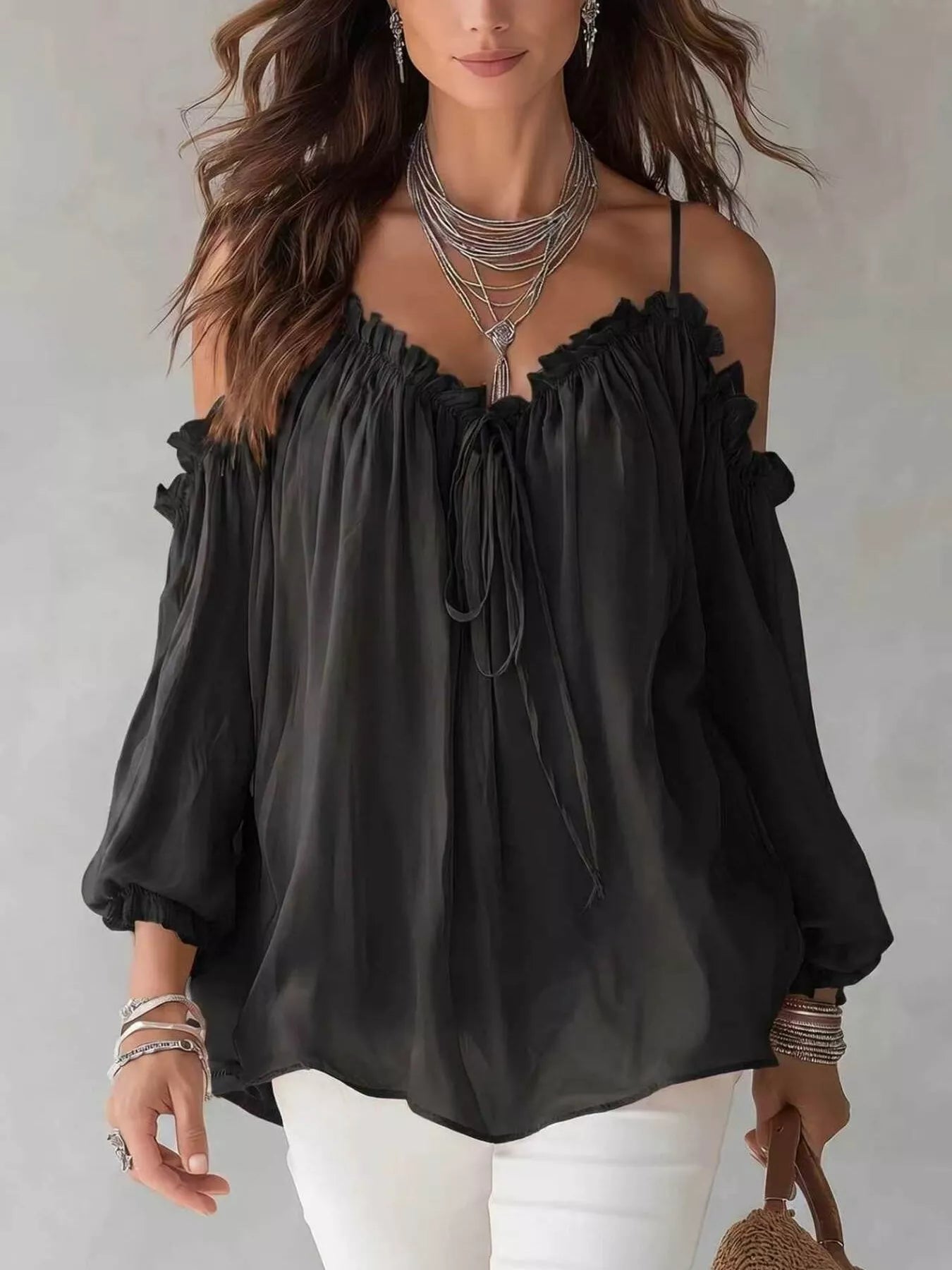 Trendsi Frill Spaghetti Strap Tie Front Blouse -