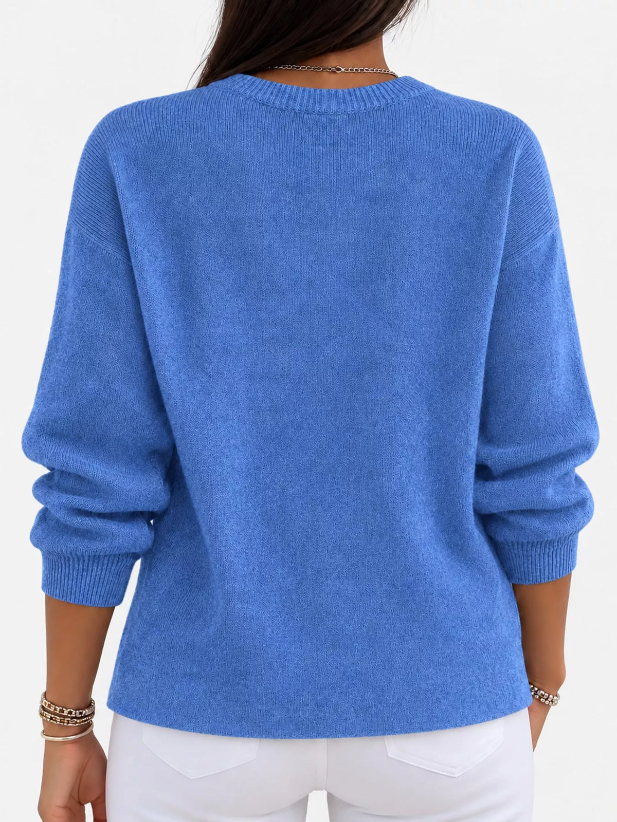 Light Blue crew neck sweater, back view