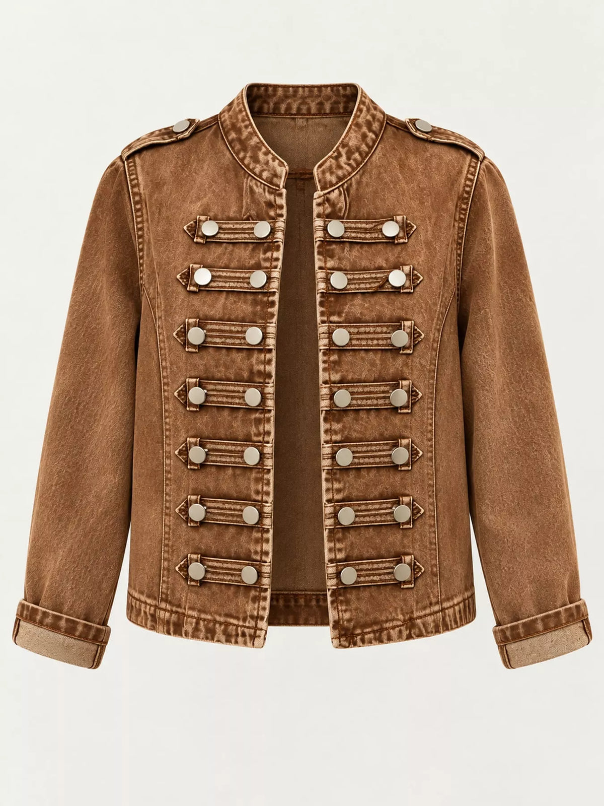 Decorative Button Cropped Denim Jacket — garment front