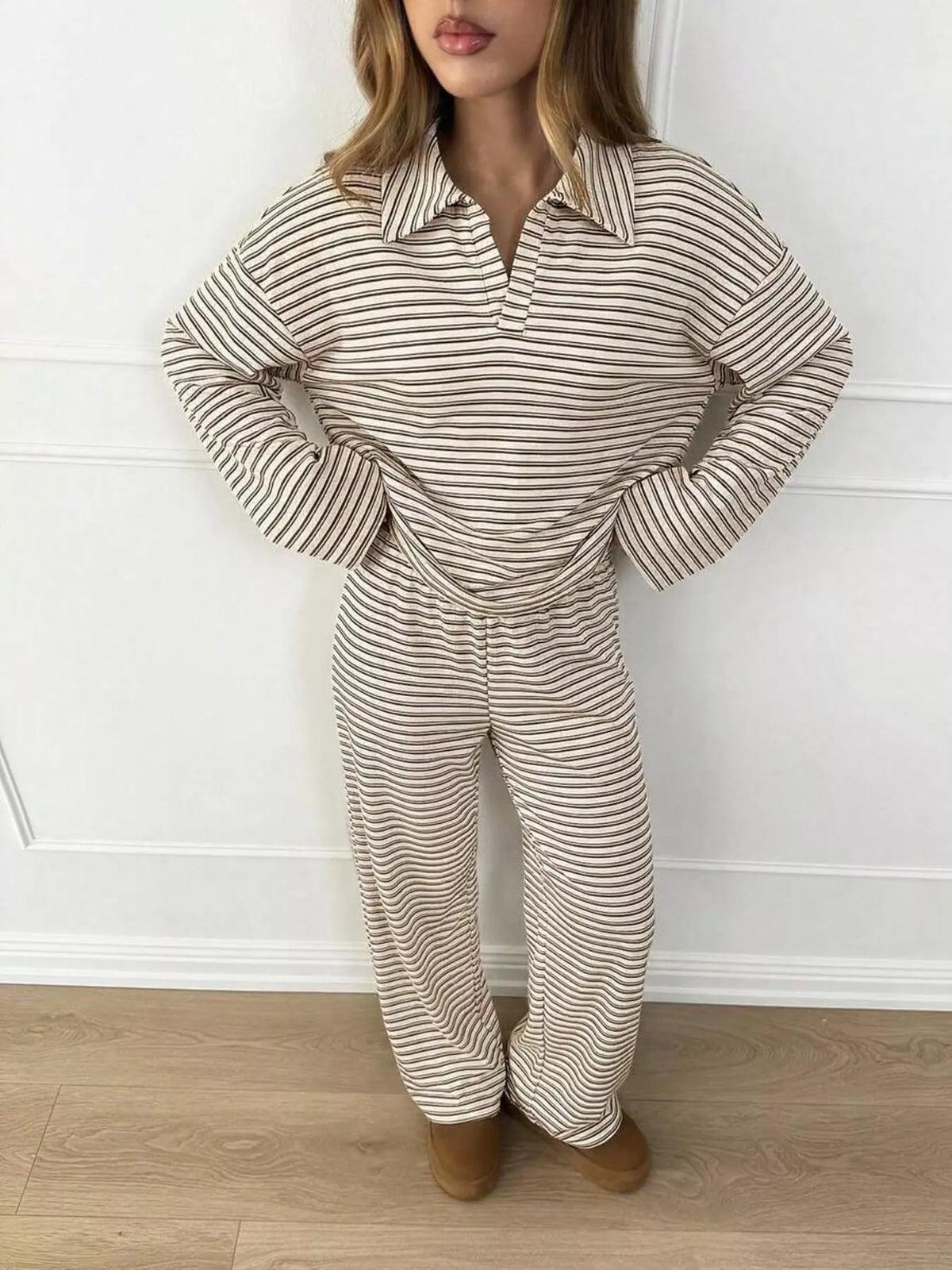 Striped Polo Top and Wide-Leg Pants Set, front view