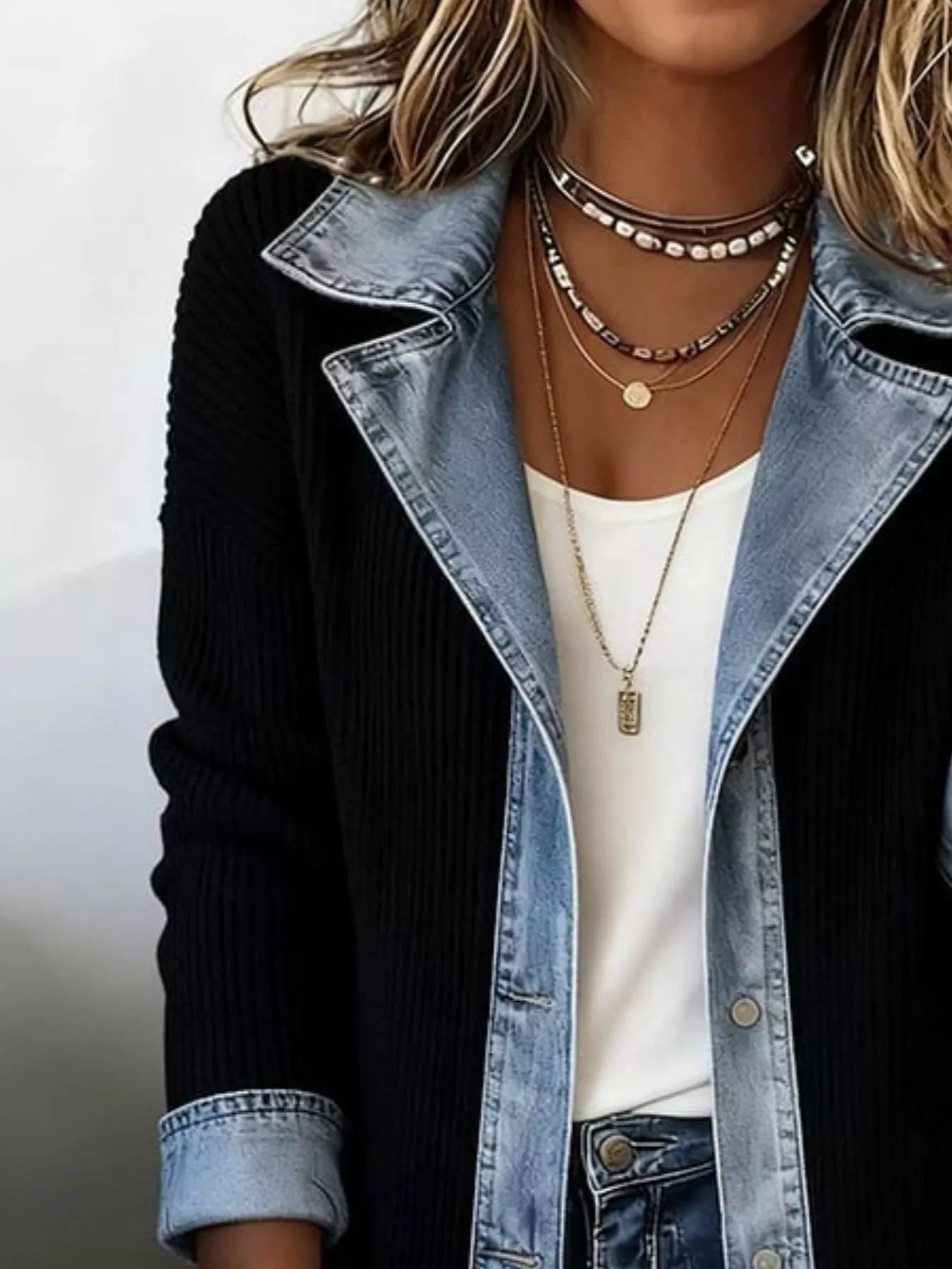 Trendsi Full Size Denim Trim Ribbed Knit Jacket Plus Size -