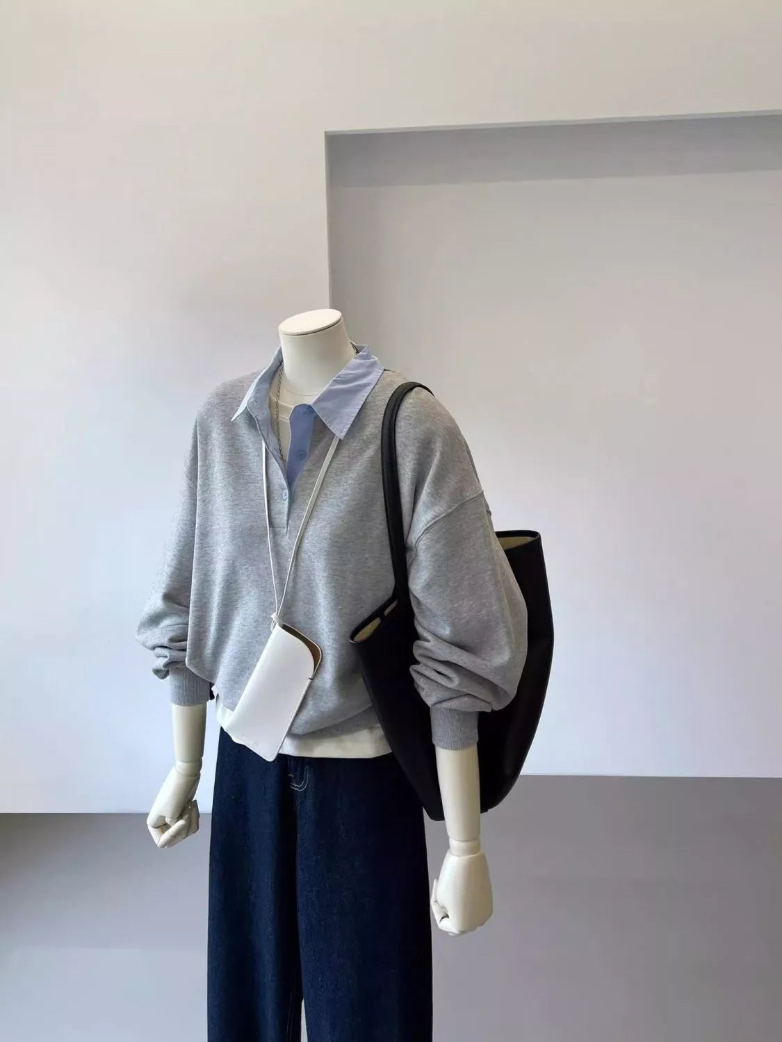 Gray polo-collar layered-look sweatshirt