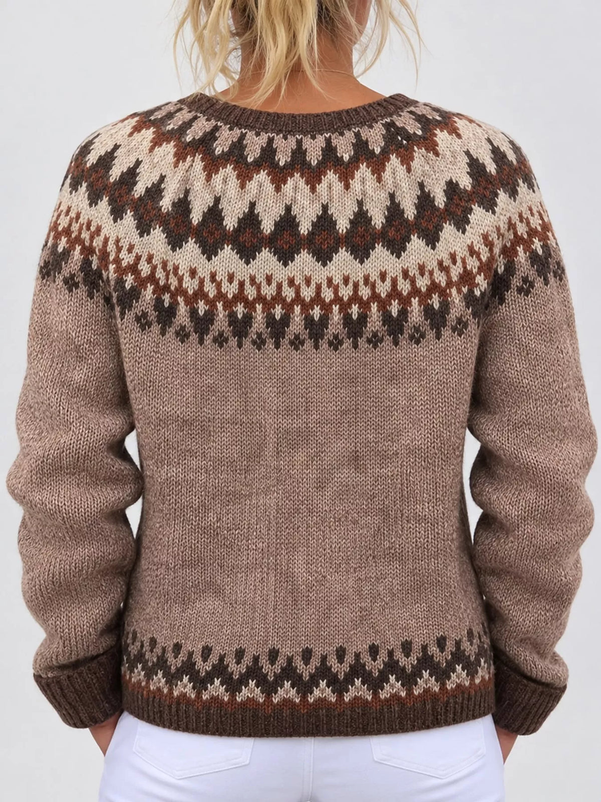 Pink-8722 patterned button-front knit cardigan, back view