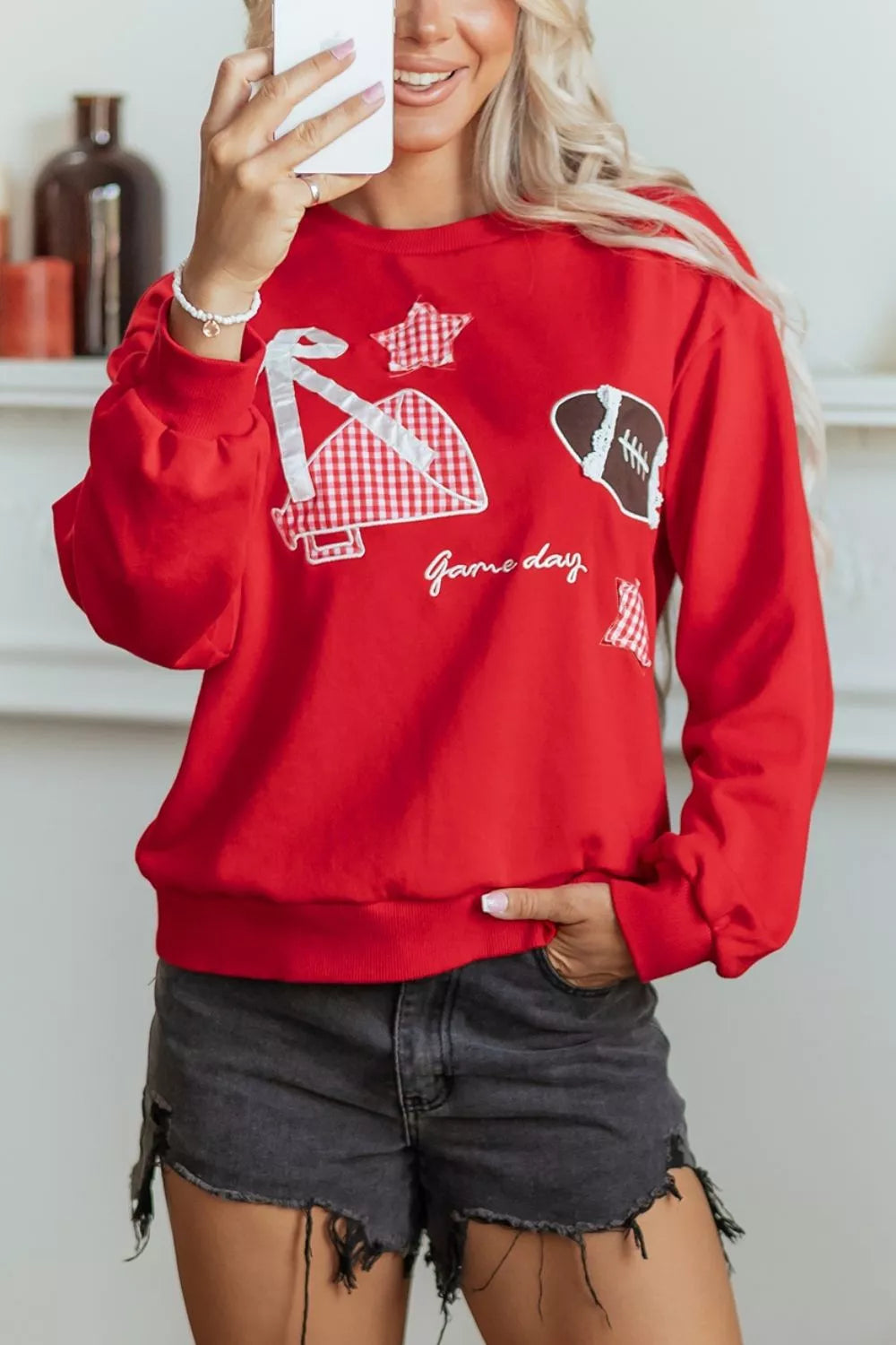 Trendsi Gingham Patch Embroidered Rugby Game Day Stars Sweatshirt -