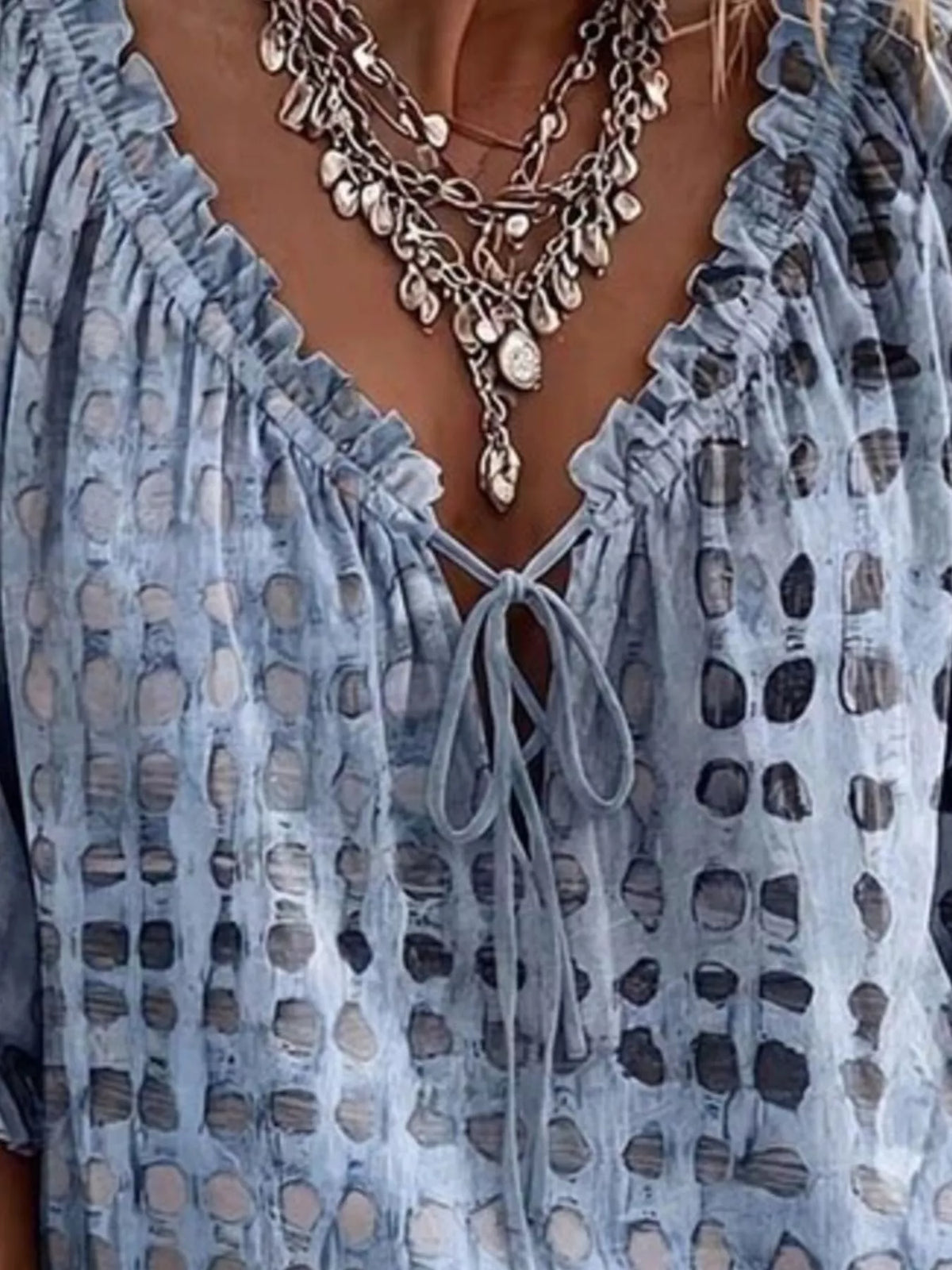 Light Blue Tie Neck 3/4 Sleeve Blouse detail view