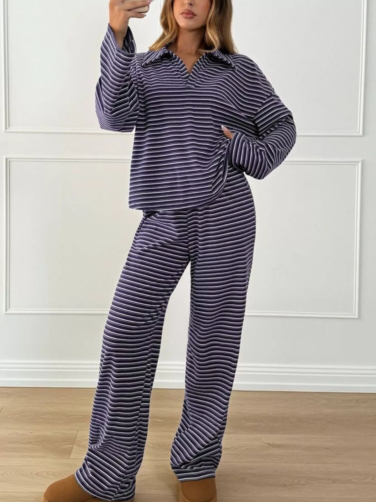 Striped Polo Top and Wide-Leg Pants Set, front view