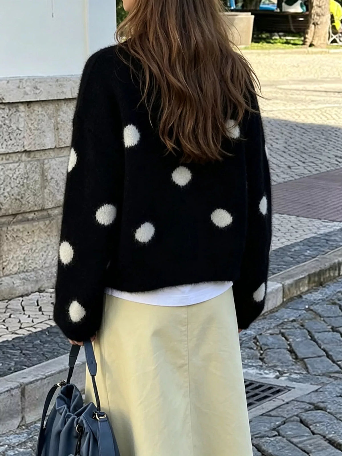 Polka dot fuzzy knit button-up cardigan