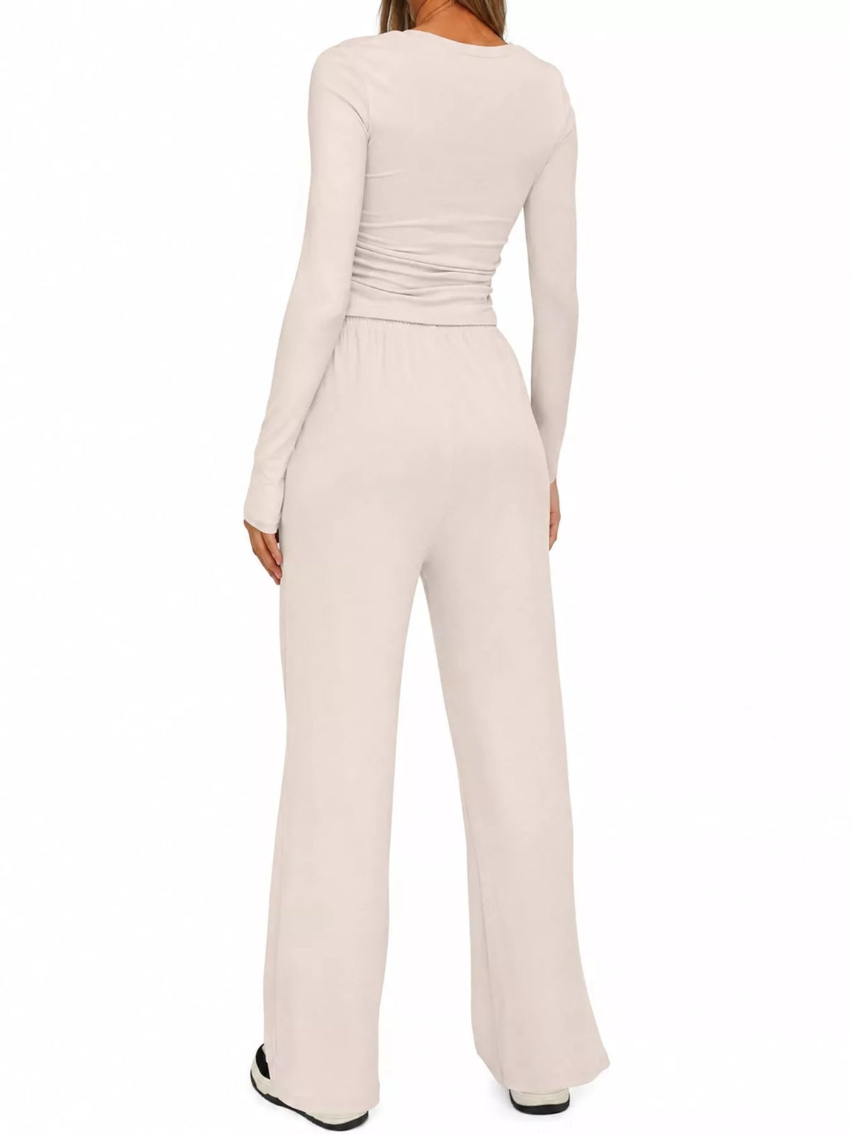 Long Sleeve Top and Wide-Leg Drawstring Pants Set — back view
