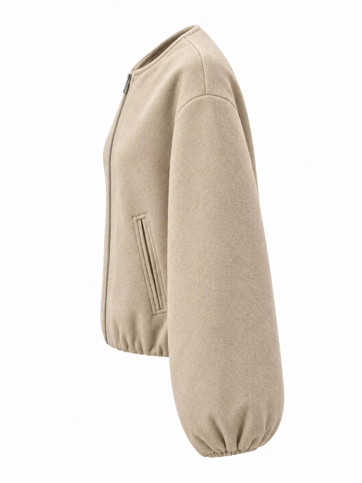 Beige zip-up long sleeve jacket — side view