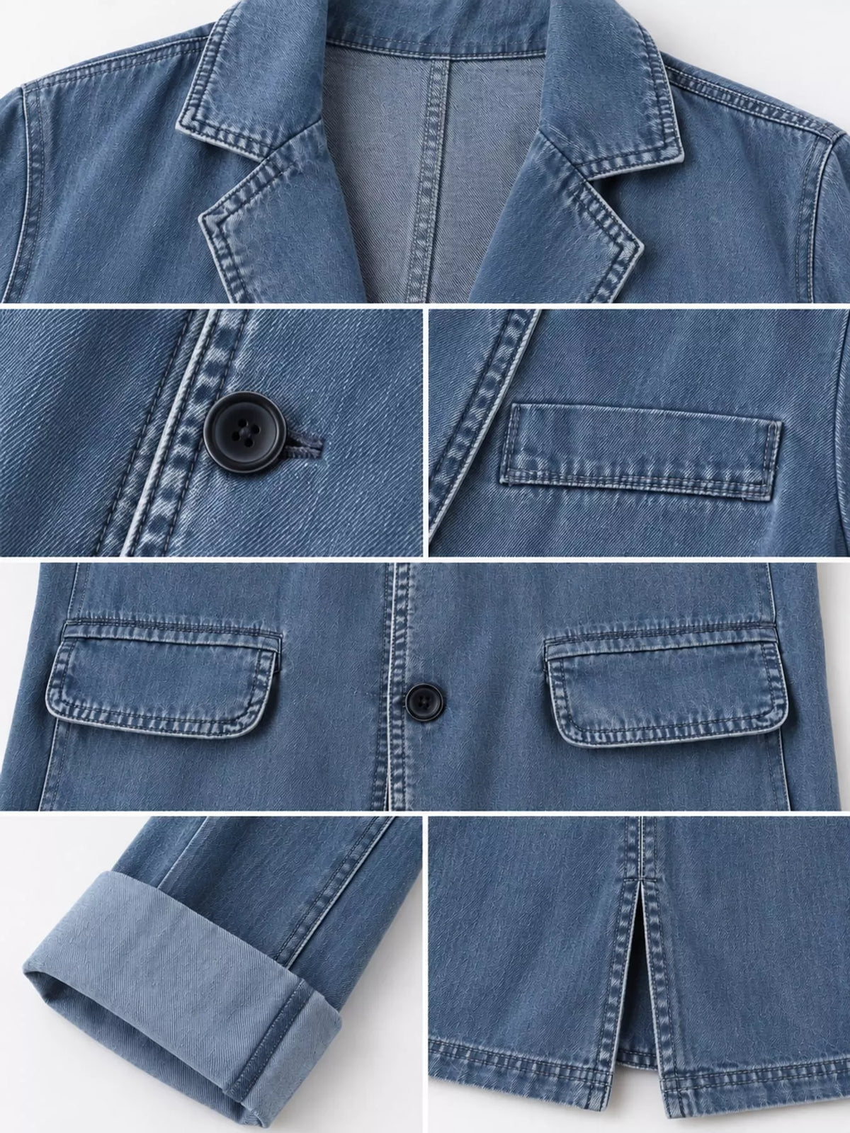 Lapel Collar Long Sleeve Denim Blazer, detail view in blue