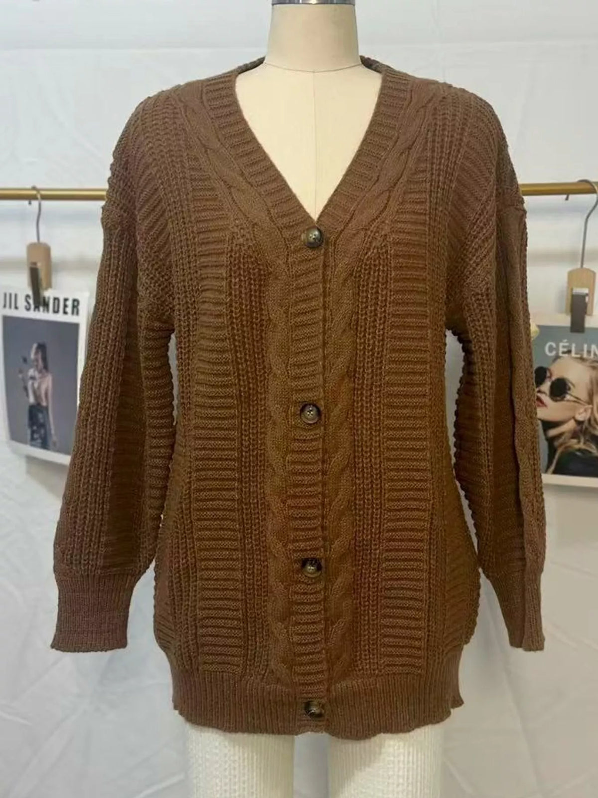 Brown cable knit button-down cardigan