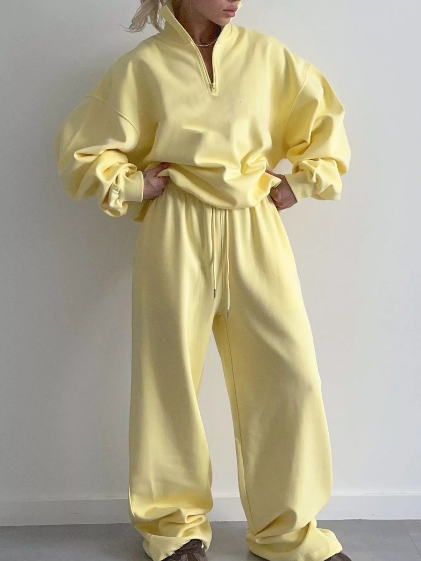 Trendsi Quarter-Zip Top and Wide-Leg Sweatpants Set -