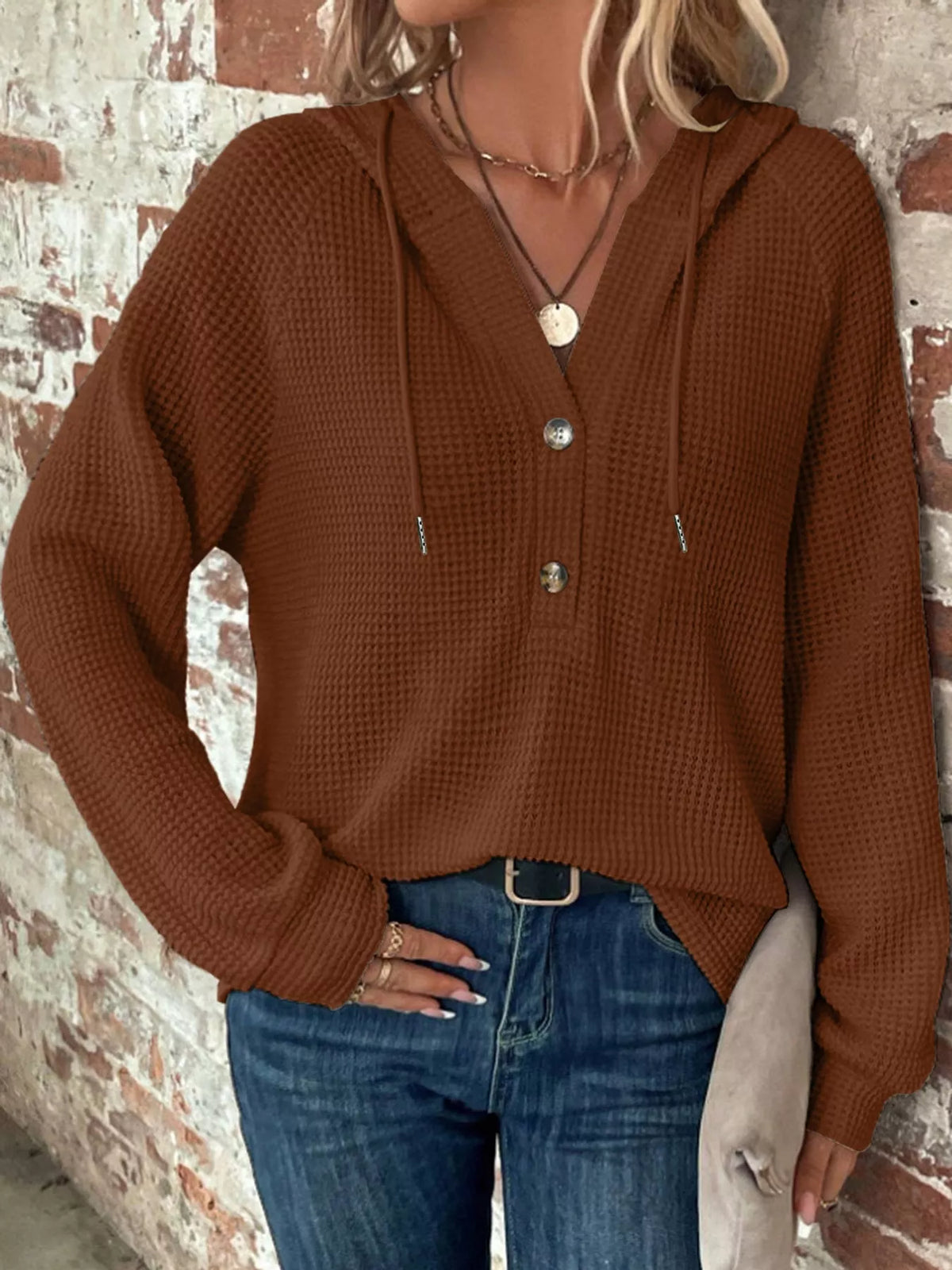 Brown waffle knit button-detail hoodie