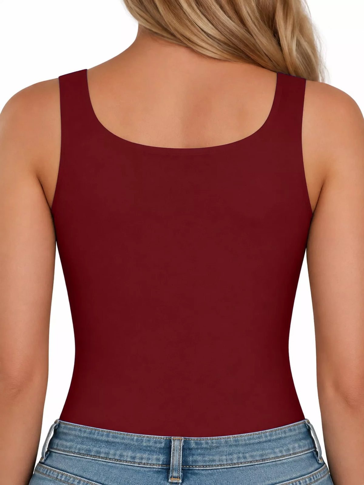 Burgundy square-neck tank, back view